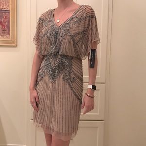 Aidan Mattox Nude Mini Dress with Silver Beading